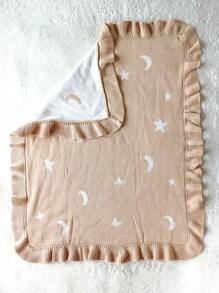 1pc Baby Pure Cotton Wavy Ruffle Blanket With Moon & Star Pattern, Delicate Jacquard Weave, Suitable For All Seasons