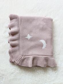 1 件婴儿棉质波浪褶边毯，精致提花月亮和星星图案，适合所有季节
