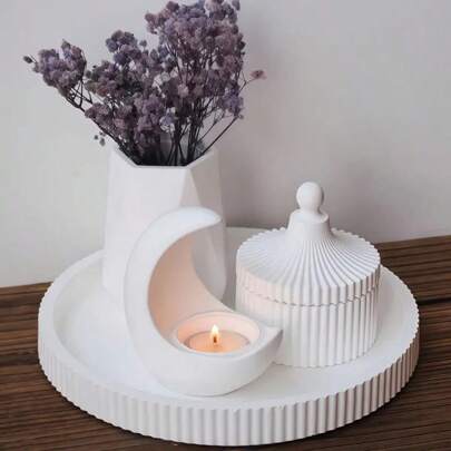 4pcs Set: Moon Candle Holder, Faceted Vase, Striped Storage Box, Striped Plate Silicone Mold, Home Decor Accessories