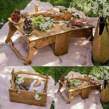 Wooden Outdoor Folding Picnic Basket Table, Folding Picnic Table With Wine Glass Holder, 2-In-1 Picnic Table Convertible Storage Wooden Basket, Natural Travel Camping Equipment