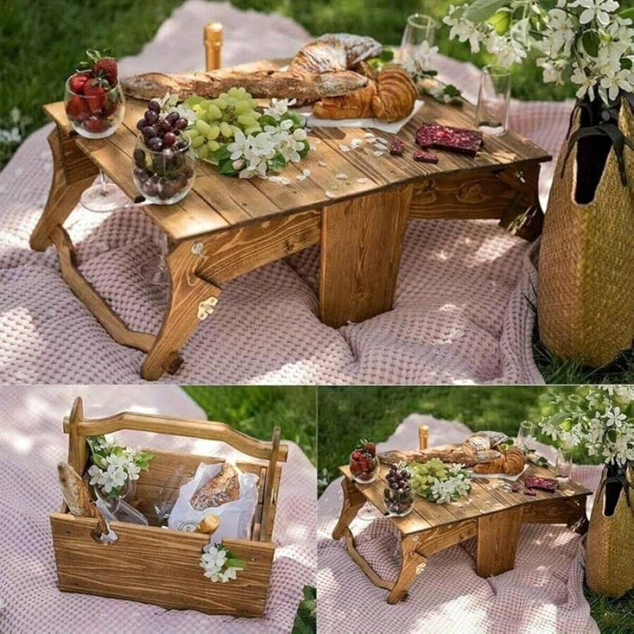 Wooden Outdoor Folding Picnic Basket Table, Folding Picnic Table With Wine Glass Holder, 2-In-1 Picnic Table Convertible Storage Wooden Basket, Natural Travel Camping Equipment