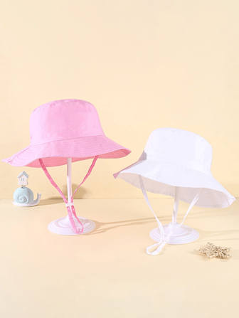 2 件儿童纯色长绳渔夫帽，可调节尺寸户外防晒休闲帽，适合男孩女孩春秋季旅行海滩度假