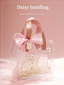 1/5pcs 大号 PVC 礼品袋（配丝带） 可爱雏菊图案手柄礼品包装袋 小雏菊便携式透明伴娘礼物手持礼品包装袋 适用于婚礼礼品、促销、小型企业用品、购物袋、派对袋、婚礼生日派对礼品袋、工艺手提袋、派对礼品、生日装饰、圣诞节情人节