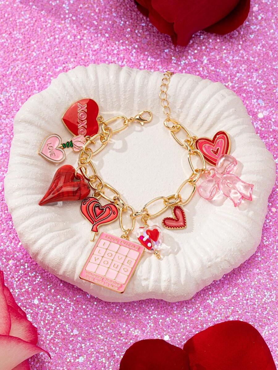 1件手工珐琅心形拼图吊坠手链，情人节红色心形吊坠饰品，情侣礼物，送给妻子、女友、母亲的礼物，母亲节礼物（形状和颜色随机） - 彩色 - 查看 1