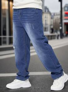 Hombres Jeans ajustados desgarro crudo rasgados con bolsillos,pantalones largos con estilo y versátiles con personalidad - Azul lavado oscuro - Ver 3