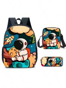 Three Pieces Astronaut Pattern Student Backpack, Lightweight Outdoor Leisure Backpack For Boys, Three Pieces Combination Of School Bag, Crossbody Bag, And Pencil