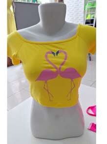 Cropped Short Flamingo Summer T-Shirt Summer Print - 黃色 - 查看 1