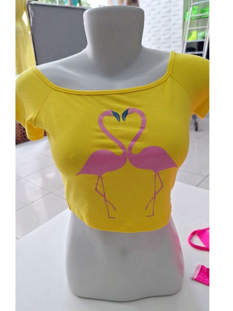 Cropped Short Flamingo Summer T-Shirt Summer Print - 黃色 - 查看 1