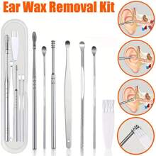 6pcs Stainless Steel Ear Cleaning Tools Set, Spiral Shaped Scoop Design With Keychain, Battery-Free, Odorless, Suitable For Household And Personal Care