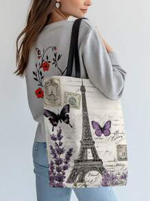 1 Stück Paris Eiffelturm & Lavendel Blume bedruckte Damen Schultertasche, große Kapazität Segeltuch Tasche, modische Lässig Umhängetasche für täglichen Gebrauch, Lebensmitteleinkäufe, Geschenke für Familie