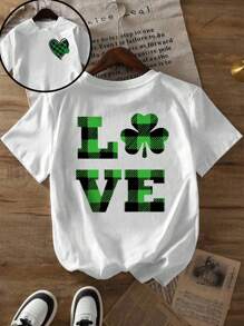 女士圣帕特里克节时尚夏季四叶草心形幸运格子印花 T 恤，适合夏季穿着