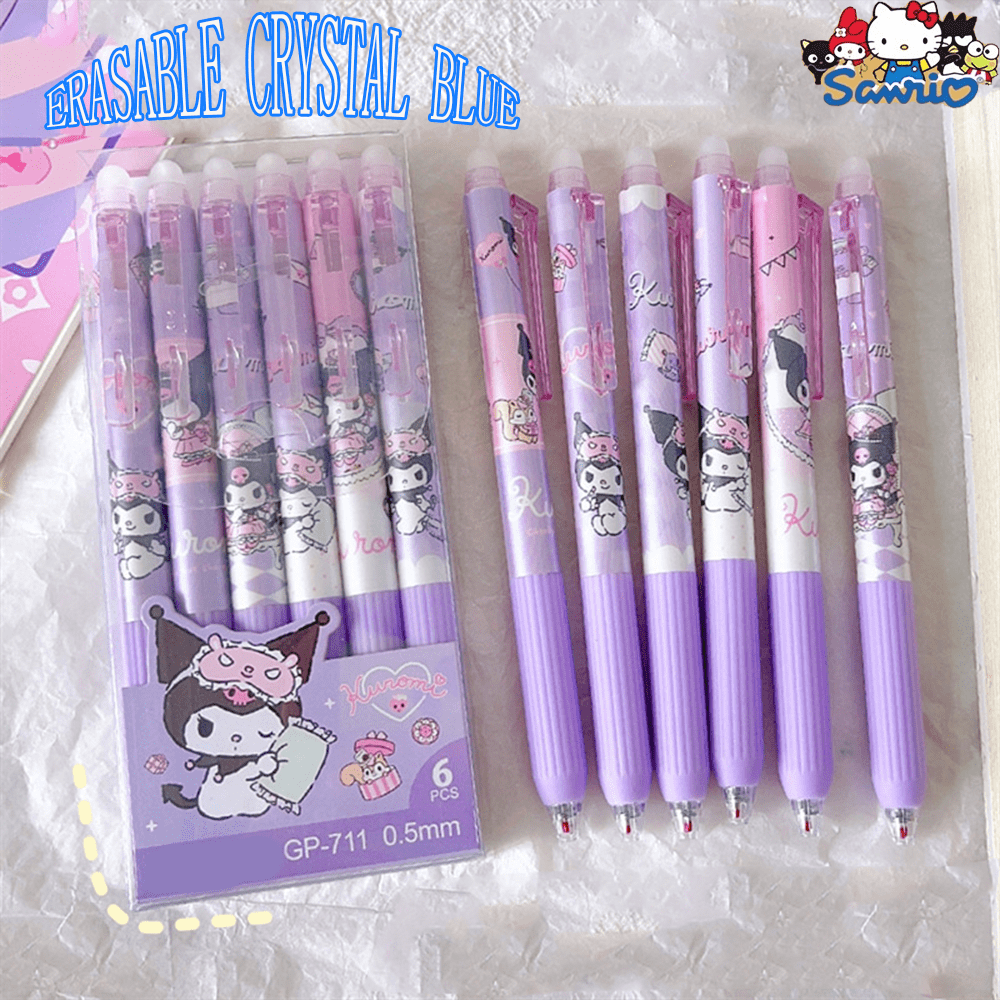 Sanrio Canetas apagáveis Sanrio Pochaccos/Kuromi/Cinnamoroll/My Melody, pacote com 6 unidades, 2025 - Design retrátil de secagem rápida + Tinta Blues segura para exames | Itens essenciais para a volta às aulas e presente para o Dia das Mães (Conjunto de papelaria de anime kawaii para estudantes e mães) Estojo de lápis com zíper de grande capacidade para a volta às aulas, material escolar