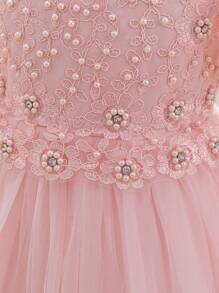 H HIBOBI Girls 3D Pearl Floral Decor Party Dress, Short Sleeve Birthday Tulle Puffy Skirt