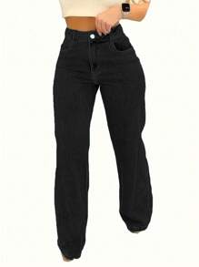 Women's Denim Jeans - Wide-Leg Loose Fit Mid-Rise Boyfriend Jeans, Y2K Style Denim Pants - màu đen - Xem 2