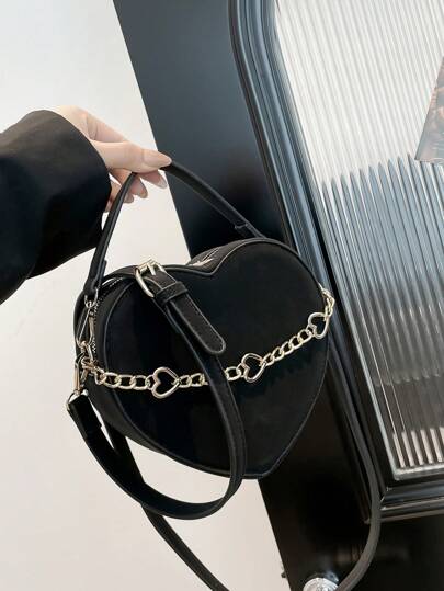 Heart-Shaped Sweet Style Handbag, Heart Chain Decor Matte Texture Tote Bag, Cute Crossbody Bag For Ladies, Elegant Women Bag For Valentine's Day , Bow
