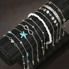 10/20 pezzi Set di cavigliere stile bohémien con stelle marine e perline, adatte per vacanze estive e uso all'aperto