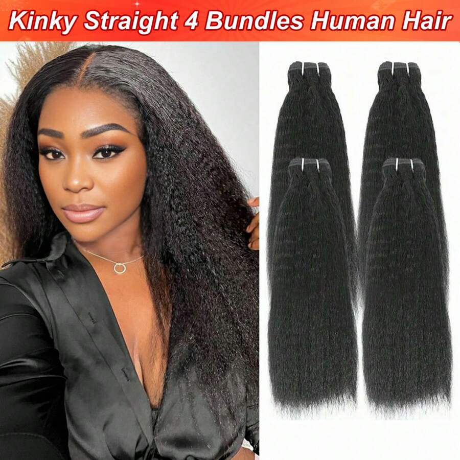 Kinky Straight Bundles Human Hair Unprocessed Brazilian Virgin Remy Hair Extensions Yaki Straight Human Hair 4 Bundles For Women Natural Black Color