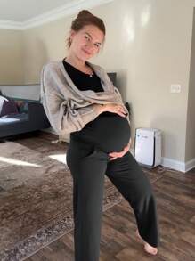 1 件孕妇弹力腰带运动裤，宽松高腰可调节腹部瑜伽裤，带口袋，孕妇休闲阔腿裤