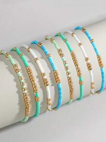 4 peças/Conjunto de Pulseiras Elásticas de Contas de Semente de Turquesa, Pulseiras Artesanais de Contas de Vidro Douradas Boho para Meninas, Joias de Férias (Contas Aleatoriamente Misturadas)