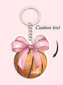 1pc Customized Cute Bow Sports Keychain (Football/Basketball/Volleyball), Upload Your Name, Personalized Keychain Gift For Her/Him, UV Printing Craft