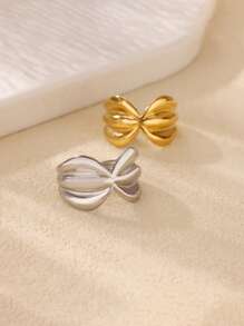 1 pieza Anillo de acero inoxidable con diseño de lazo para mujer, anillo dorado con lazo para uso diario, regalo de joyería