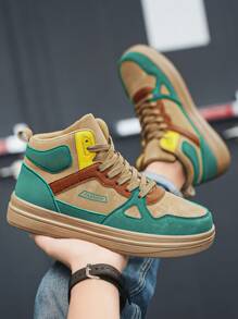 Męskie codzienne, kontrastowe, patchworkowe, nadrukowane litery z przodu, sznurowane, wysokie, płaskie trampki, modne, lekkie, sportowe buty na platformie zwiększające wysokość