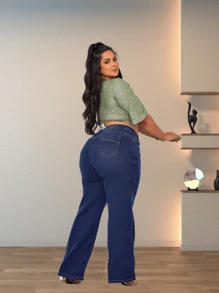 Calça Jeans Flare Plus Size Wide Leggin Com Lycra Retrô moda Blogueira