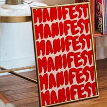 1幅鲜艳红色“MANIFEST”艺术印刷海报 - 无框帆布墙画，现代混搭风格，适用于客厅和卧室，励志名言风格，墙面装饰 - 彩色 - 查看 4