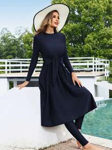 Set di costume da bagno in due pezzi di donna, colore unito, maglia elasticizzata, con top a maniche lunghe e pantaloni lunghi, adatto per vacanza in spiaggia