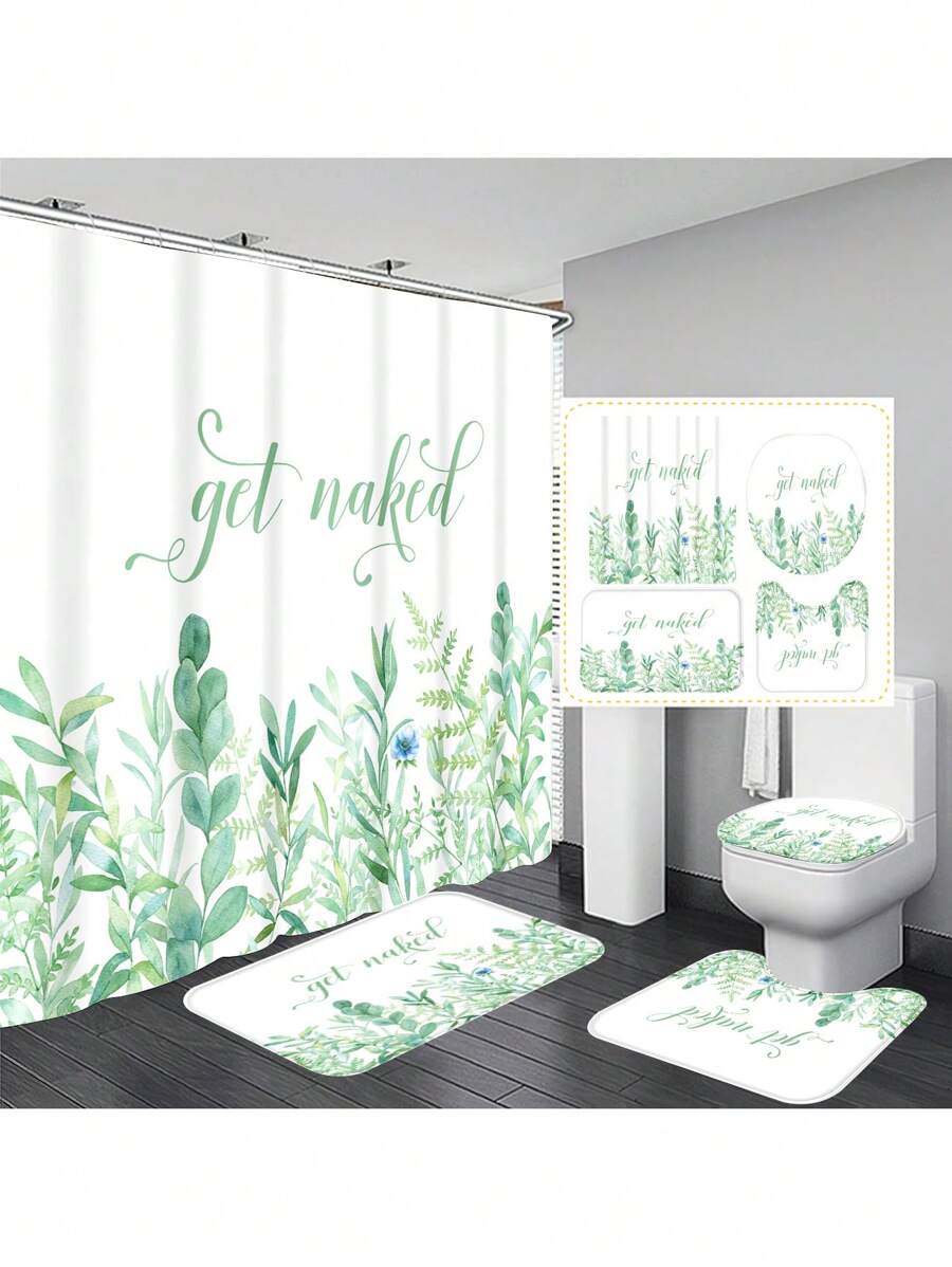 1 Stück/4 Stücke Duschvorhang-Set mit Frühlingsgrünem Pflanzenmuster, wasserdichter Duschvorhang mit 12 Haken, Badematte, U-förmige Toilettenmatte, Toilettendeckelbezug, Badezimmertrenner, Badezimmerzubehör, Badezimmer Dekoration - Verschiedenfarbig - Übersicht 1