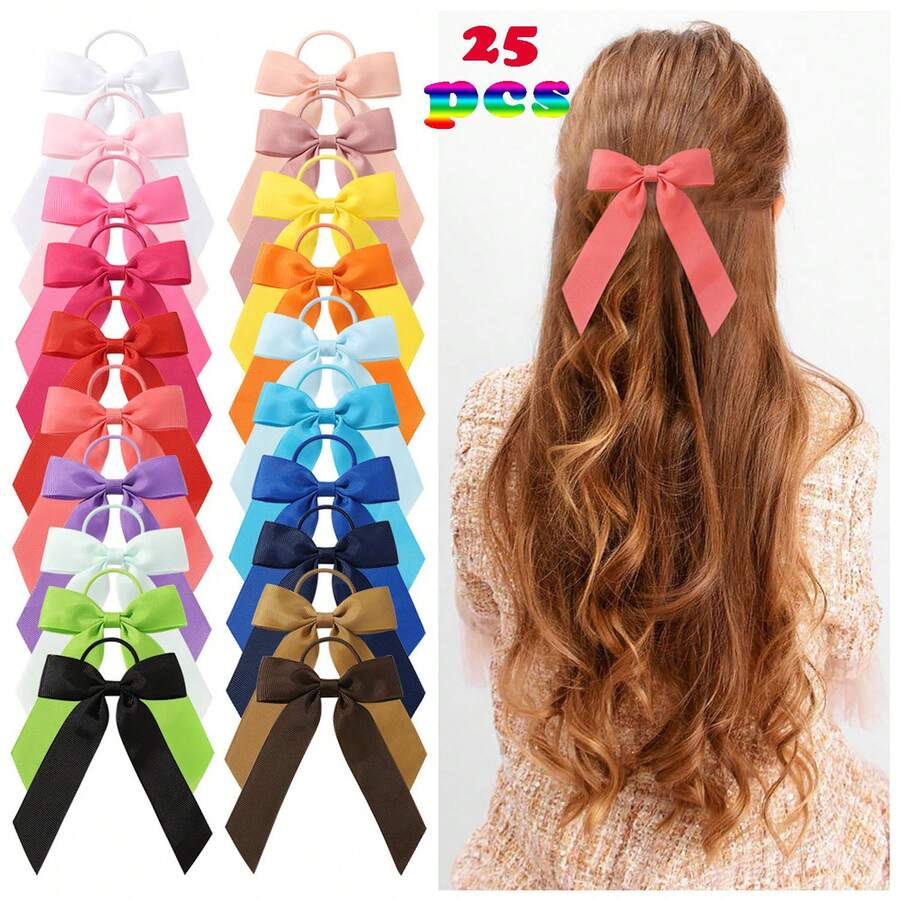 25pcs Rubber Band Bow Streamer Hair Accessories With Ponytail Holder, Hairband, Elastic Band, Braid Bow For Cheerleading Hairstyles(Random)