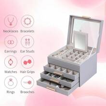 Large Jewelry Box Organizer - 6 Layer Jewelry Holder Organizer With Mirror For Necklace, Earrings And Bracelets Storage, Jewelry Boxes & Organizers For Women (6 Layer Turquoise) - 灰色 - 查看 5