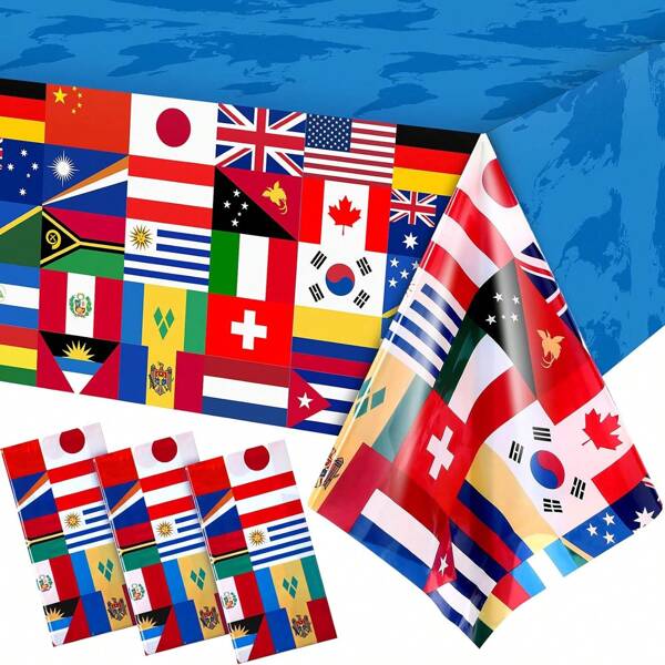 1/3 Pacotes 54 X 108 Polegadas Bandeira Internacional Capa de Mesa Toalha de Mesa Patriótica Bandeiras de Países do Mundo Toalha de Mesa de Plástico para Eventos Festivos Celebração Festa Decorações Futebol Esportes Festa de Cerveja