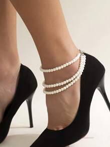 Elegant & Sexy Faux Pearl Beaded Tassel Anklet, Geometric Foot Jewelry, Party Style