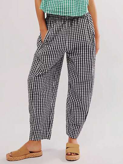 Women's Spring Summer Baggy Pants Elastic Waistband Wide Leg Plaid Pants With 2 Pockets