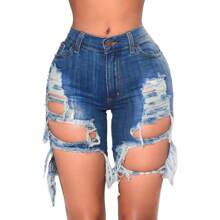 Womens High Waist Ripped Hole Washed Distressed Shorts Jeans Knee Length Ripped Stretchy Denim Shorts - Blue - View 1