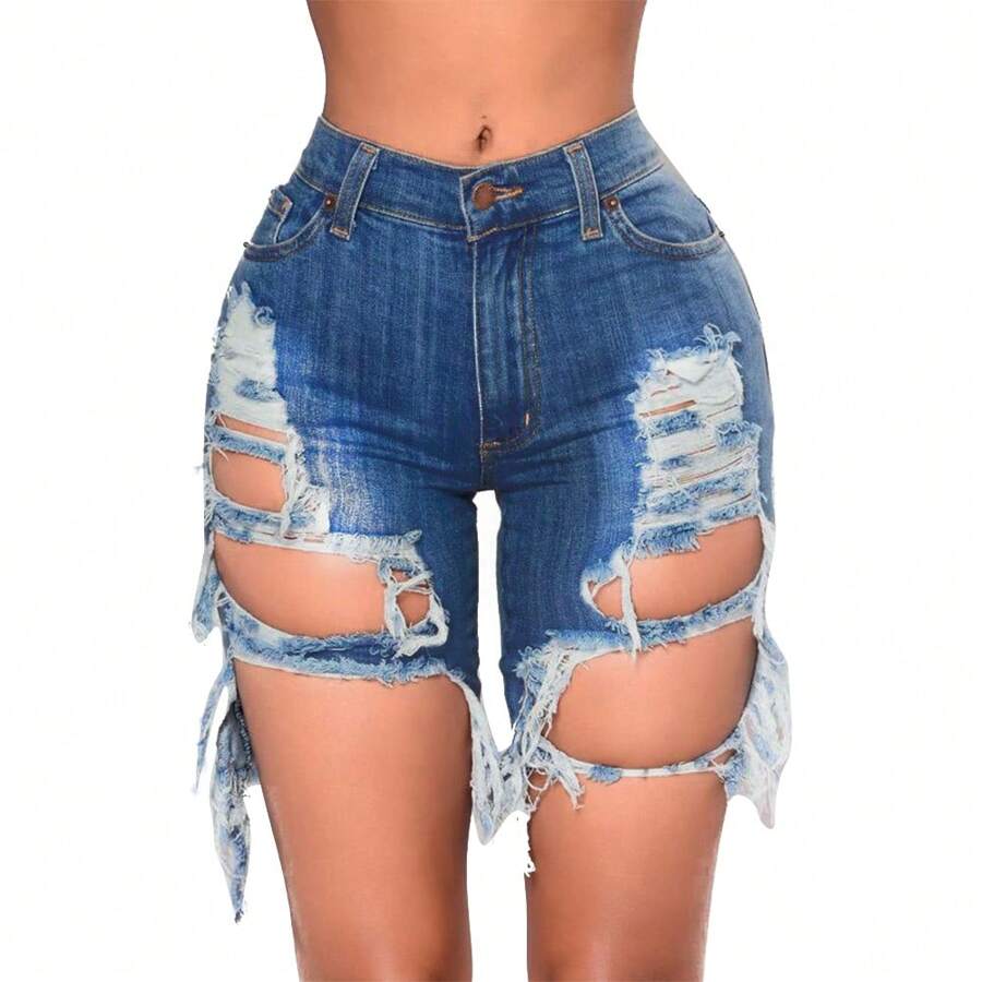 Womens High Waist Ripped Hole Washed Distressed Shorts Jeans Knee Length Ripped Stretchy Denim Shorts - Blue - View 1