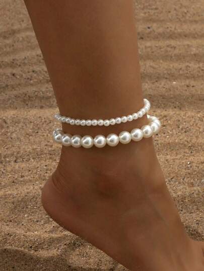 2pcs/Set Women Pearl Bead Anklet, Elastic Minimalist Chic Holiday Style Foot Jewelry, Barefoot Beach Resort Decor