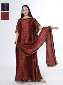 1pc Style Printed Robe With Headscarf For Women, Casual Vacation Robe - Multicolor - View 5