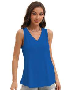 QGEMANWU Women's V Neck Tank Top - Loose Fit Summer Sleeveless Shirt - 藍色 - 查看 4