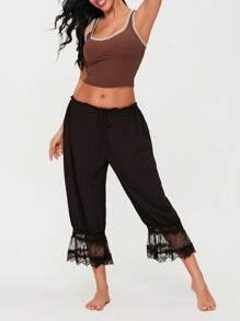 Women Lace Trim Long Bloomers Elastic Mid Rise Ruffle Pantaloons Cropped Flared Slips Pants Bottoms - Black - View 6