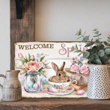 2D Rustic Farmhouse Metal Tin Sign, 8x12 Inch - Vintage Easter Bunny & Rose Tea Design, Iron Wall Decor For Kitchen & Home, Ideal For Spring Season Festive Decor