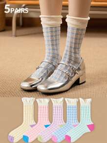 1 par/5 pares de calcetines hasta la rodilla de verano y primavera con estilo dulce y lindo de dopamina para mujeres, medias de doble capa con estampado de cuadros y en colores caramelo, estilo Y2K