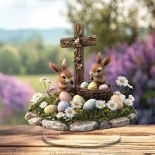 1pc Easter Bunny Art Decoration Boho Style With Colorful Easter Eggs, Daisies And Green Grass, Perfect For Office, Desktop Or Home Decoration, Ideal Gift For Easter Spring And Holiday Cafe Craft Decoration