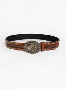 1pc Retro Brown Rivet Rose Buckle PU Leather Belt - Brown Rivet Rose - View 3