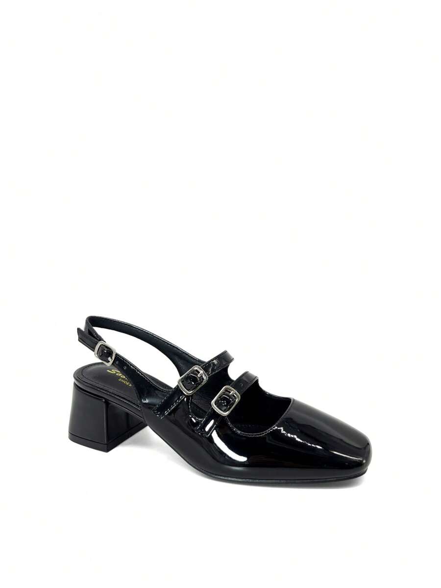 REVREAL Patent Double-Buckle Slingback Mary Jane Heels Stylish High Heels - Black - View 1