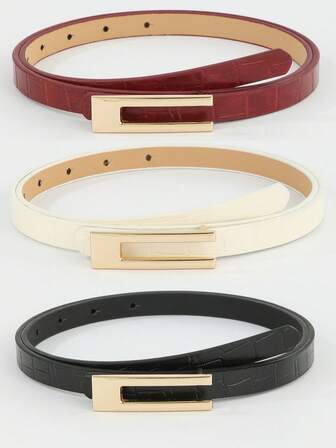 3 Pieces Set Black/Brown/Beige Letter Printed U-Shaped Alloy Buckle Women Skinny Belts, Versatile For Casual, Business And Party All Seasons Summer, School Fall, Autumn, Halloween