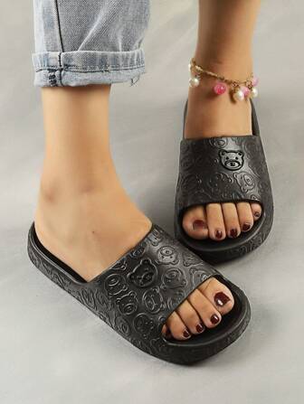 Women's Summer Slippers Indoor Home Bathroom Shower Slippers, Black Cartoon Cute Bear, Summer Use