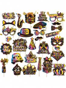 30pcs 30th Birthday Decoration Photo Props, Unisex, Black & Gold Rainbow 30th Happy Birthday Selfie Props Set, With Stick Party Supplies Gift, 30th Birthday Celebration Photo Decoration Props (40th, 50th, 60th, 70th Birthday)