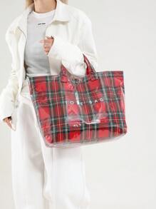 Fashionable Tote Bag - Large Capacity, Made Of Lightweight PVC And Kraft Paper, With Hook And Loop Closure, Stylish Choice For Women - Red - View 3